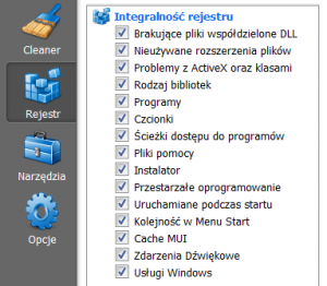 Opcje czyszczenia rejestru Windows w CCleaner